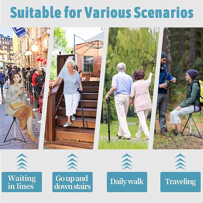 ALEVMOOM Walking Cane with Seat Folding Lightweight, 2-in-1 Cane Stool for Adults, Aluminum Walking Stick with Seat, Portable Stool for Senior, with Carry Bag