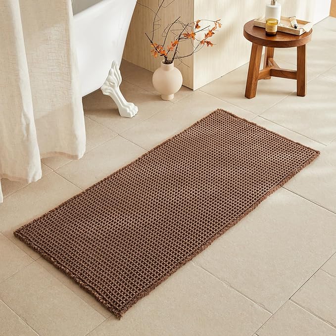 Waffle Bath Mat, Boho Bathroom Rugs Non Slip Washable Super Absorbent Quick Dry Bath Mat Farmhouse Bathroom Decor, 48"x24" Mocha