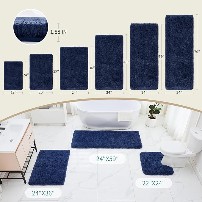 Bathroom Rugs 24x48 Non Slip Navy Fluffy Bath Mat for Bathroom Floor Washable Plush Luxury Bath Rug for Tub Soft Shaggy Absorbent Shower Sink Mat