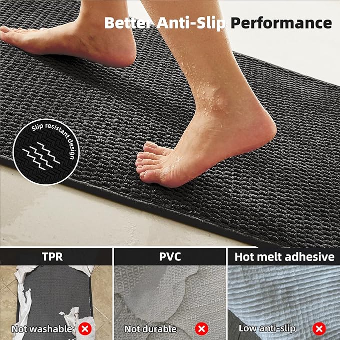 Black Bathroom Runner Rugs, Long Bath Mat Runner Washable Thin Quick Dry Low Pile Bathroom Runner Rugs Non Slip, Black 16''x60''