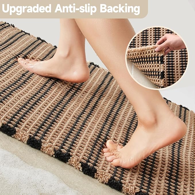 Waffle Bath Mat, Boho Bathroom Rugs Non Slip Washable Super Absorbent Quick Dry Bath Mat Farmhouse Bathroom Decor, 24"x16" Black and Khaki