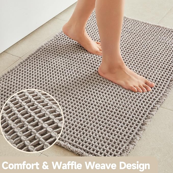 Waffle Bath Mat, Boho Bathroom Rugs Non Slip Washable Super Absorbent Quick Dry Bath Mat Farmhouse Bathroom Decor, 24"x16" Light Grey
