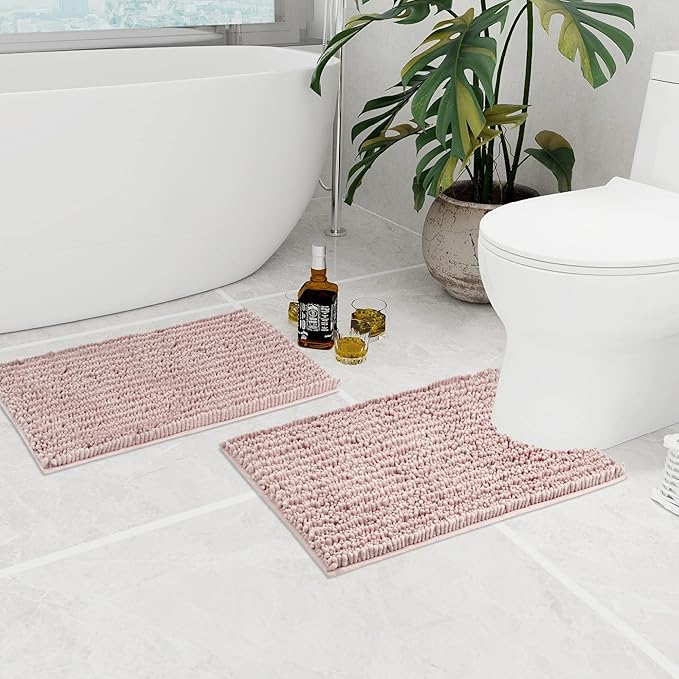 Walensee Bathroom Rug 2 Pieces Set Non Slip Bath Mat (20"x32" Plus 20"x24" U Dusty Pink) Water Absorbent Super Soft Shaggy Chenille Machine Washable Dry Extra Thick Perfect Carpet for Shower Floor