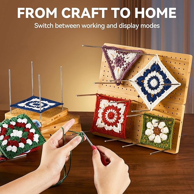 4-Pack 4.7" Crochet Blocking Boards with 25 Steel Pins Pegs, Assembles into 9.4" Standable Granny Square Blocking Board for Crochet Projects, for Crocheting and Knitting, 4 in 1 Gifts for Crocheter