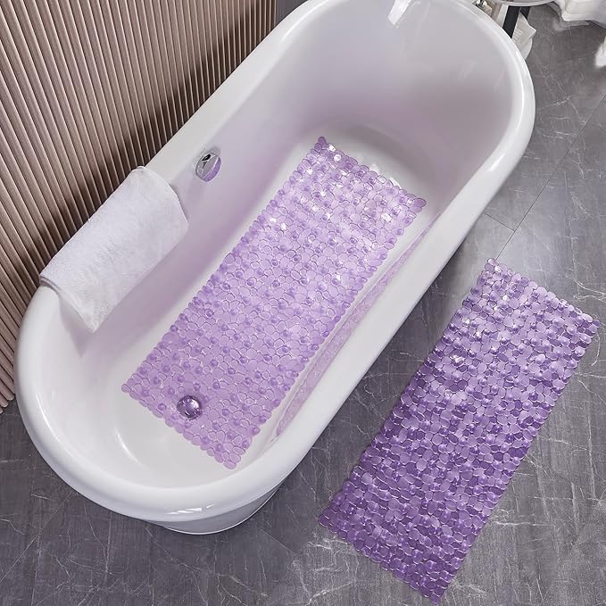 Bath Shower Mat Non Slip: Extra Large Pebble Bathtub mat for Families, Anti Slip Shower Matt with Drain Holes Suction Cups Tub Mat - 16 X 40 Inch Clear Purple