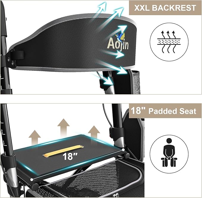 Walkers for Seniors, Rollator Walker with Seat, 350 lb Weight Capacity, 18" Big Seat, 8" All-Terrain Wheels, 6-Level Adjustable Height, Lightweight Aluminum Frame Rollator Walkers for Seniors (Silver)