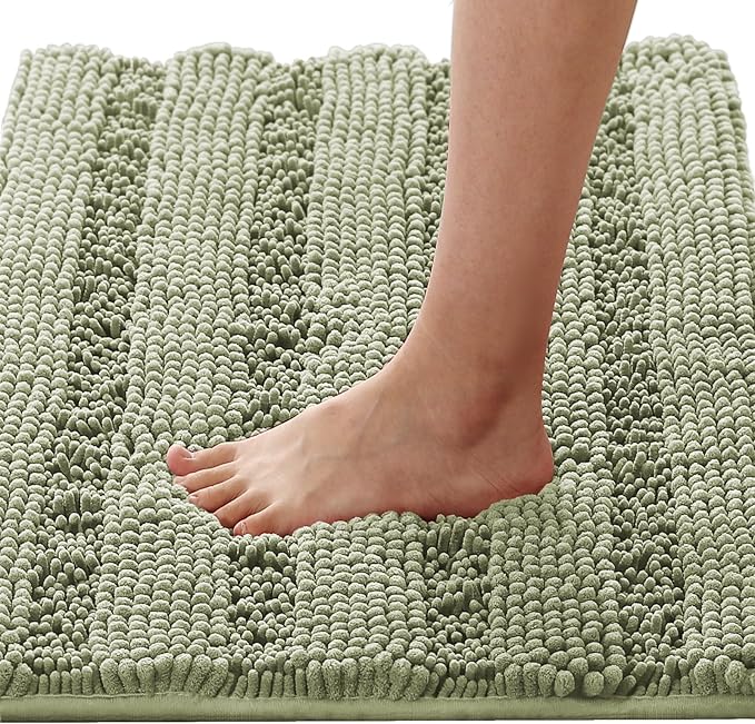 H.VERSAILTEX Bath Mats for Bathroom Non Slip Thick Chenille Striped Bath Rug Absorbent Fluffy Soft Shaggy Rugs Washable Dry Fast Plush Mats for Indoor, Bath Room, Tub - 20" x 32", Eucalyptus Green