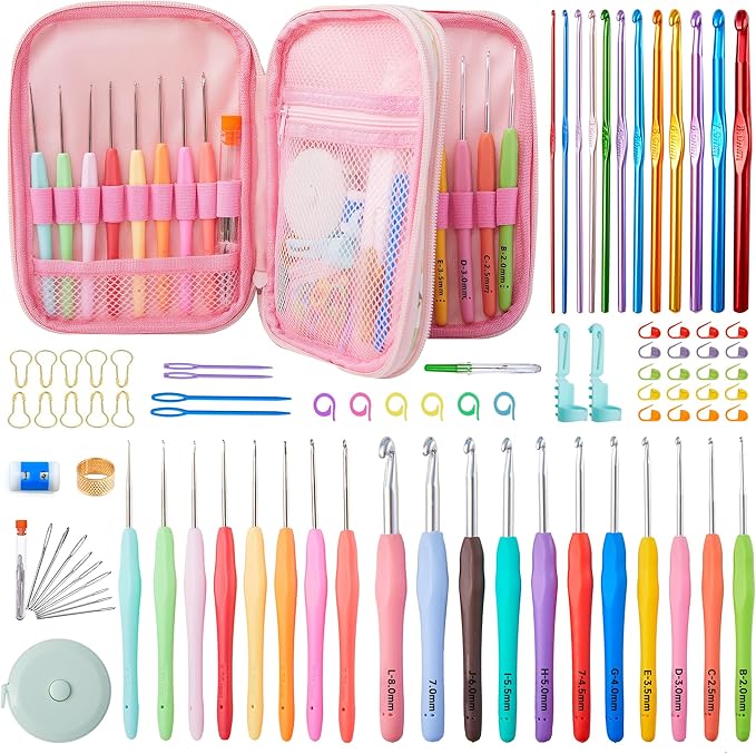 INSCRAFT 87 Pcs Crochet Hook Set, 19 Sizes 0.5mm-8mm(L), Ergonomic Soft Grip Handles Crochet Needles Kit with Case for Arthritic Hands, Crochet Starter Kit for Beginners Knitting Yarn Lovers
