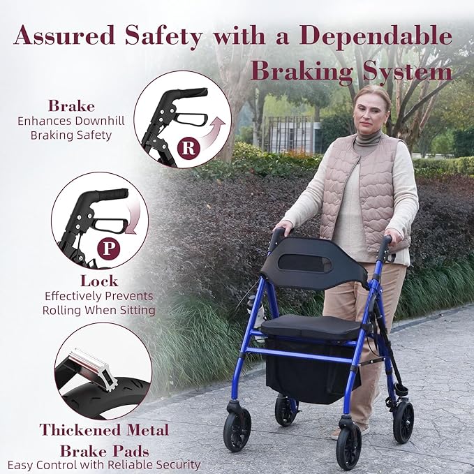 Walkers for Seniors, Foldable Rollator Walker with Seat, 8" Big Wheels, Lightweight Rollator Walker with Ergonomic Backrest, Adjustable Handles and Seat Height, 310 Lbs Weight Capacity, Blue