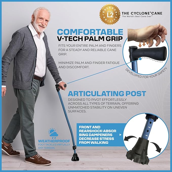 Dynamo Cyclone Cane - Maximum Grip for Every Step. Designed for All-Day Comfort. Built to Keep You Steady and Safe. Stability You can Trust, Anywhere You go. (Blue)