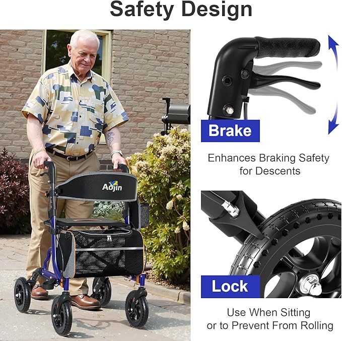 Rollator Walker for Seniors with Seat, Lightweight & Foldable, 8" All-Terrain Wheels, 18" Big Seat, 6-Level Adjustable Height Rolling Walker, 350 lb Capacity, Blue