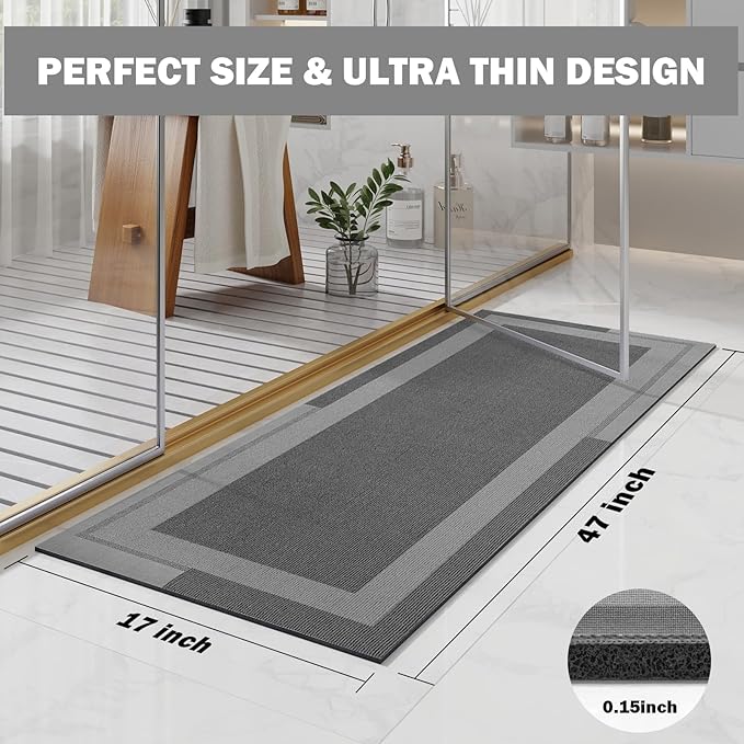 Non Slip Long Bath Mat Bathroom Runner, Rubber Backing Ultra Thin Bathroom Rugs Fit Under Door Quick Dry Super Absorbent Washable Bath Rug Shower Mat for Bathtub Sink Floor, Dark Gray 17"x47"