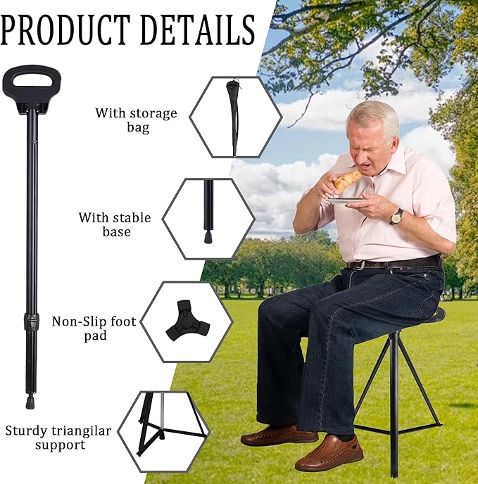 XXL Portable Walking Cane with Seat, Adjustable 34"-37" Foldable Lightweight Aluminum Anti-Slip Walking Stick for Men & Women, 550 Lbs Cane with Chair for Travel Hiking with Carry Bag