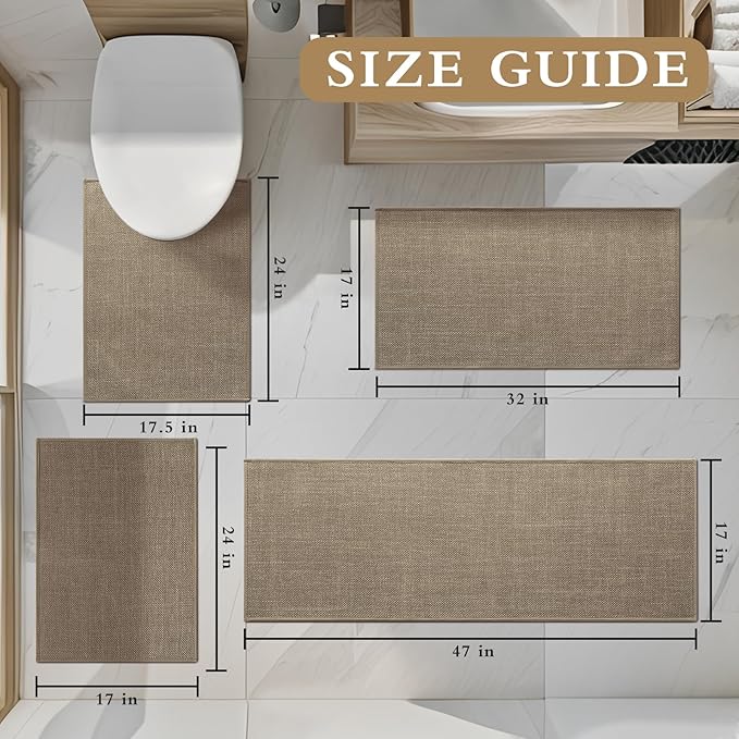 YIHOUSE Brown Bathroom Rug Sets 4 Piece, Dark Beige Absorbent Bath Mat for Bath Room Non Slip Washable,Bathroom Mat Quick Dry, Thin Bath Rug Set for Toilet and Floor