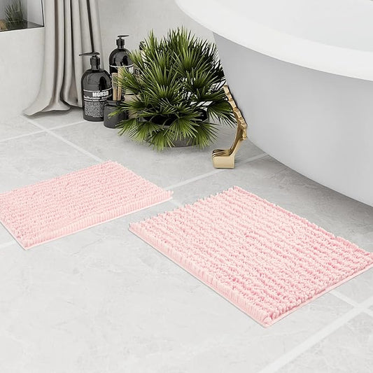 Walensee Bathroom Rug 2 Pieces Set Non Slip Bath Mat (17x24 Plus 20x32 Inch Blush) Water Absorbent Super Soft Shaggy Chenille Machine Washable Dry Extra Thick Perfect Carpet for Shower Floor