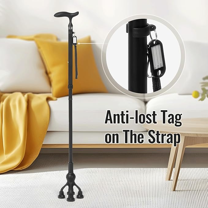 Careboda Foldable Walking Cane, Walking Cane with Adjustable Height, Folding Cane with T-Handle, Free Standing Cane for Seniors & Adults, Mobility and Daily Living Aids, Supports up to 300 lbs, Black