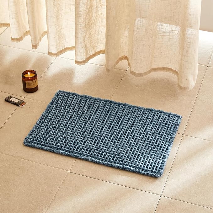 Waffle Bath Mat, Boho Bathroom Rugs Non Slip Washable Super Absorbent Quick Dry Bath Mat Farmhouse Bathroom Decor, 24"x16" Denim Blue