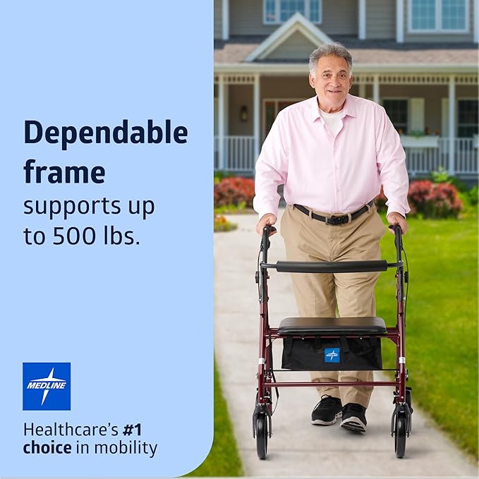Medline Large Steel Bariatric Rollator Walker with Adjustable Handles, Padded Seat & Backrest, Burgundy, 500 lb. Weight Capacity, Foldable, Under Seat Storage, 8" Wheels, For Seniors & Adults