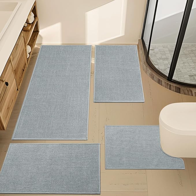 YIHOUSE Light Grey Bathroom Rugs Set 4 Piece, Absorbent Bath Mat for Bathroom Non Slip Washable, Quick Dry, Thin Bath Rug Set for Toilet and Floor