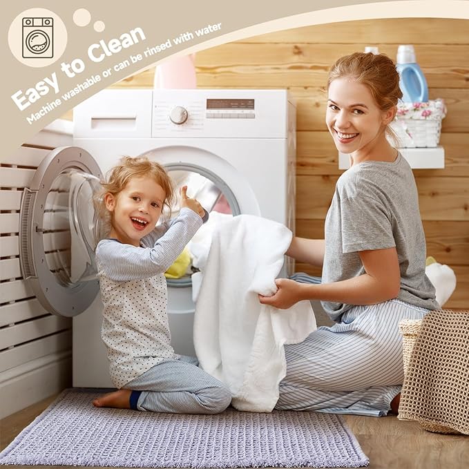 Waffle Bath Mat, Boho Bathroom Rugs Non Slip Washable Super Absorbent Quick Dry Cute Bath Mat Farmhouse Bathroom Decor, 24''x16'' Lavender Cream