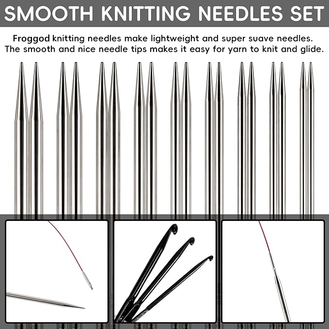Froggod 5-Inch Aluminum Lace Interchangeable Circular Knitting Needle Set, Sizes US 0, 1, 2, 3, 4, 5, 6, 7, 8 Interchangeable Knitting Needles Lace-Tip with 4 Assorted Cables with Project Bag