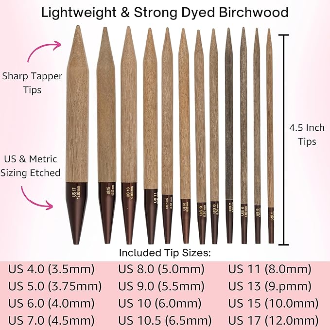 Lykke Umber 5 in. Complete Set US Sizes 4, 5, 6, 7, 8, 9, 10, 10.5, 11, 13, 15, 17 Interchangeable Circ. Knitting Needles for DK, Worsted, Chunky Yarns, Birch, 5 Cords, Umber DM Case, Project Bag