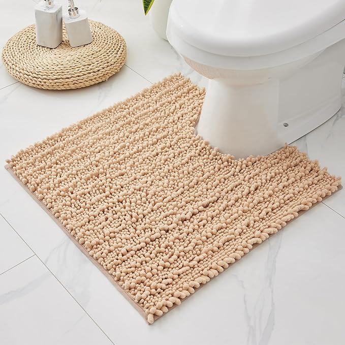 Toilet Rug 24x24 Non Slip Plush Bathroom Floor Mat U Shaped Washable Contour Rug for Toilet Absorbent Thick Foot Rug, Beige