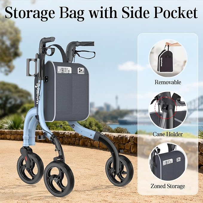 3 Wheel Walkers for Seniors, Lightweight Rollator Walkers Foldable for Elderly with Cane Hold and Cup Hold, Height Adjustable Aluminum Three Wheel Rolling Walker Mobility Aid, Blue