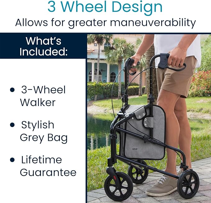 Vive Mobility 3 Wheel Walker - Three Wheeled Rollator for Seniors - Lightweight, Foldable, Narrow, Heavy Duty - for Elderly Men Women - Folding 3-Wheel Tri Scooter with Basket Bag