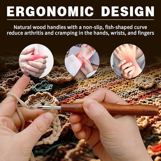 Nitlak 1.5mm Crochet Hook, Available in 1.5mm-6.0mm, Aluminum Ergonomic Crochet Hook with Wooden Handle for Arthritic Hands, Beginners, Knitting Needles for Mom Gifts