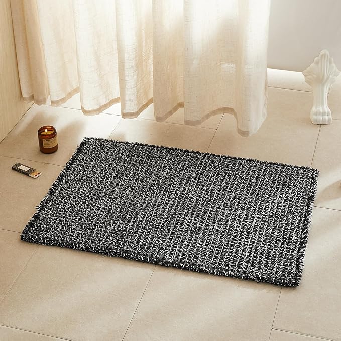 Black and White Bathroom Rugs, Waffle Bath Mat Non Slip Washable Super Absorbent Quick Dry Boho Farmhouse Bathroom Decor, 36"x24" Black and White