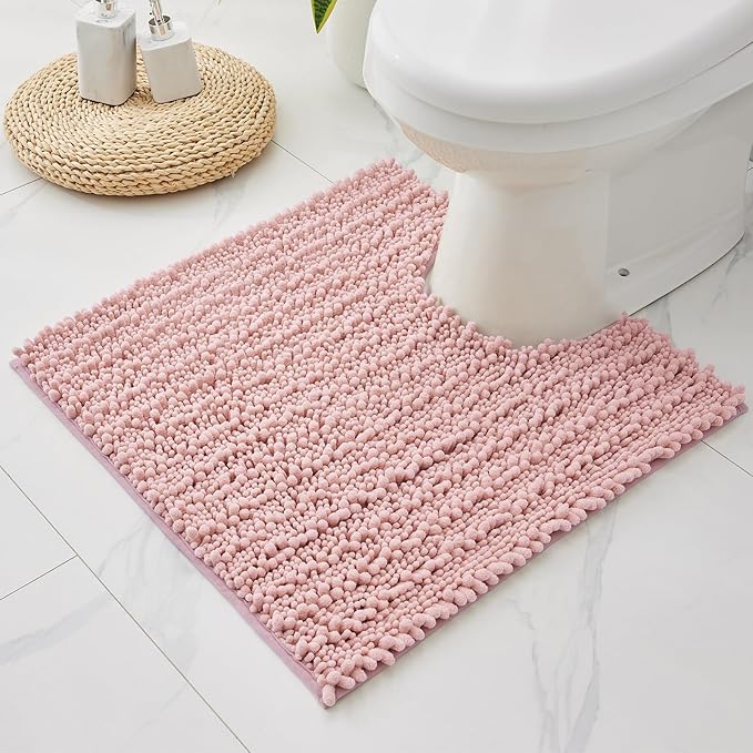 Toilet Rug 24x24 Non Slip Plush Bathroom Floor Mat U Shaped Washable Contour Rug for Toilet Absorbent Thick Foot Rug, Pink