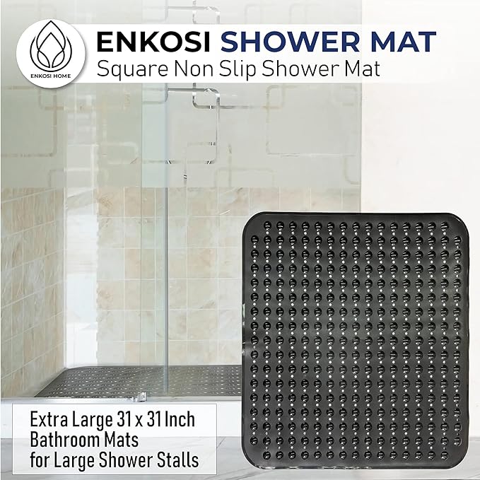 ENKOSI Extra Large Square Non Slip Shower Mat - 31 x 31-inch XL Bathroom Shower Mat - Square Shower Matts for Shower Stall Floors | Secure Suction Cups and Drain Holes (31x31 Black)