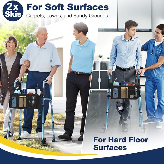 Walkers for Seniors with Basket and Glide Skis, 5" Wheels Lightweight Folding Walker, Support Up to 350 lbs, Height Adjustable Standard Compact Rolling Walker, Blue