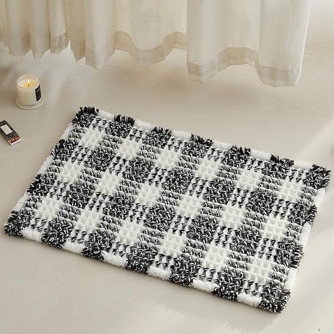 Waffle Bath Mat, Boho Bathroom Rugs Non Slip Washable Absorbent Checkered Bathroom Mat Quick Dry Farmhouse Bathroom Decor, 24"x16" Black and White