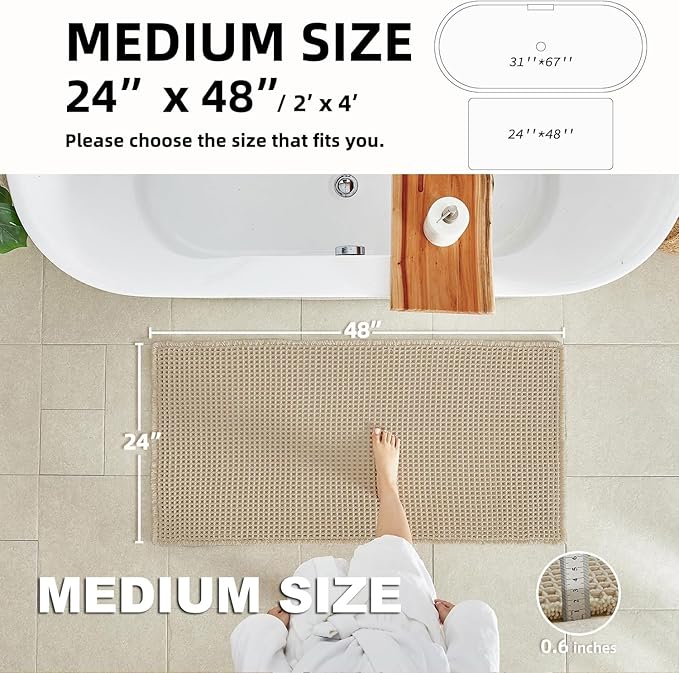 Pale Beige Bathroom Rug, Waffle Bath Mat Non Slip Washable Super Absorbent Quick Dry Boho Farmhouse Bathroom Decor, 48''x24'' / 4'x2' Pale Beige