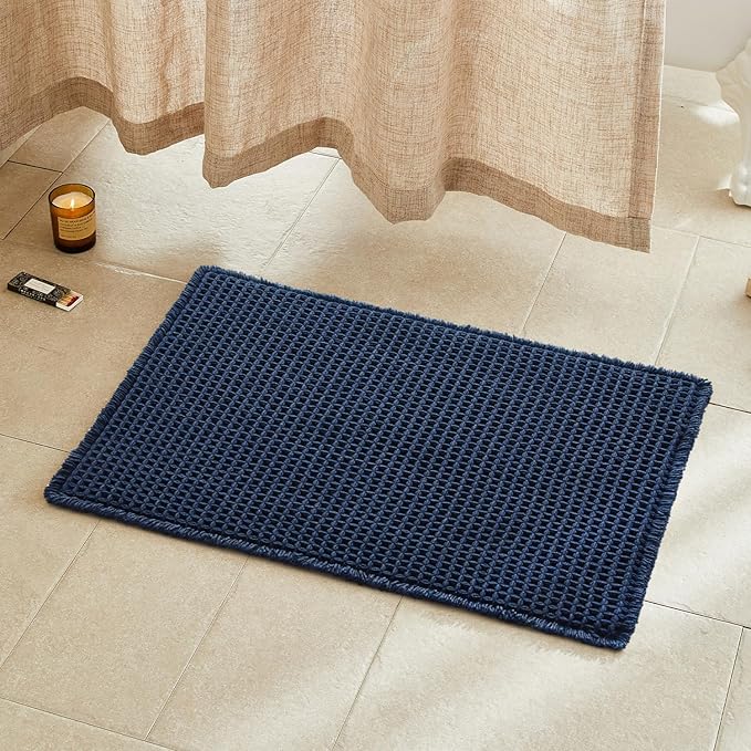 Waffle Bath Mat, Boho Bathroom Rugs Non Slip Washable Super Absorbent Quick Dry Bath Mat Farmhouse Bathroom Decor, 30"x20" Navy Blue