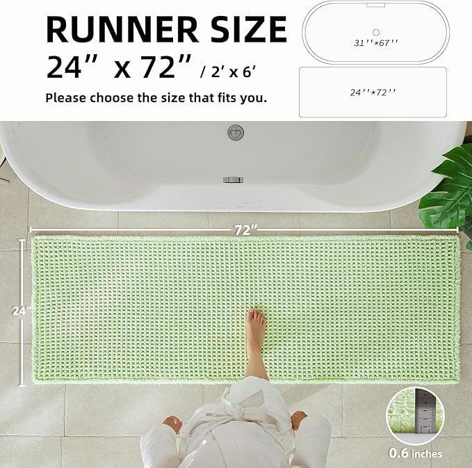 Waffle Runner Rug Bathroom, Boho Bathroom Rugs Non Slip Washable Long Super Absorbent Quick Dry Cute Bath Mat Farmhouse Bath Decor, 72"x24" Pale Green