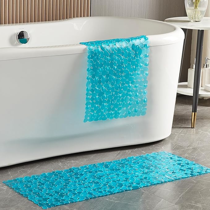 Bath Shower Mat Non Slip: Extra Large Pebble Bathtub mat for Families, Anti Slip Shower Matt with Drain Holes Suction Cups Tub Mat - 16 X 40 Inch Clear Green