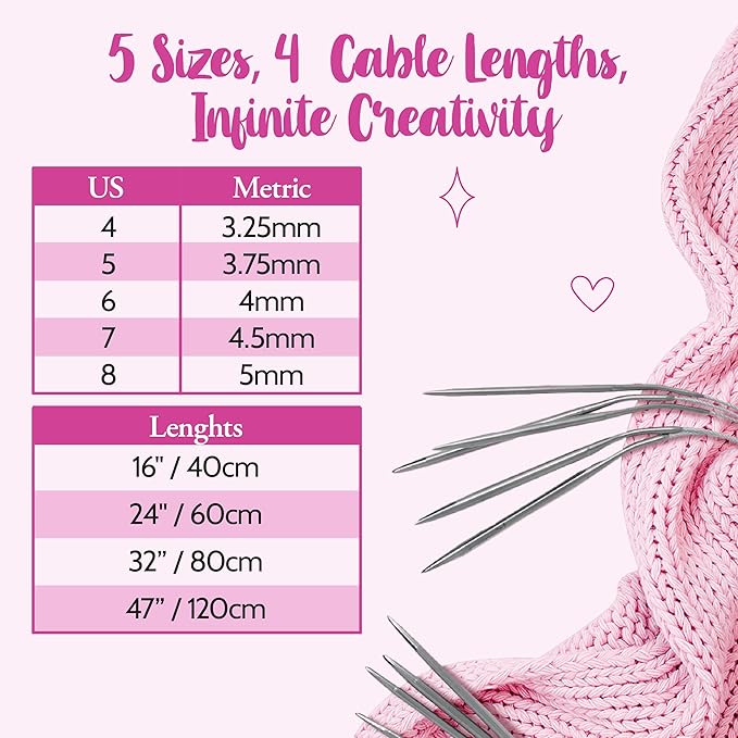 KnitPal 47-Inch Circular Knitting Needles Set of 5 | Extra-Long Stainless Steel with Flexible Cable | US Sizes 4–8 (3.25–5mm) | Perfect for Magic Loop & Large Projects