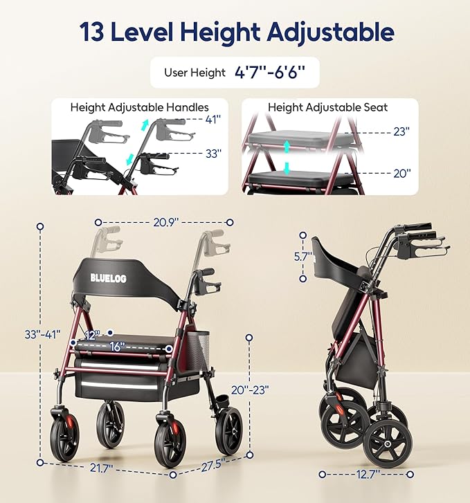 Walkers for Seniors Rollator Walkers with Seat, 350lb Capacity with Cup Holder & Cane Holder, 8'' All Terrain Wheels, Adjustable Handles and Seat Height, Foldable Design, Burgundy