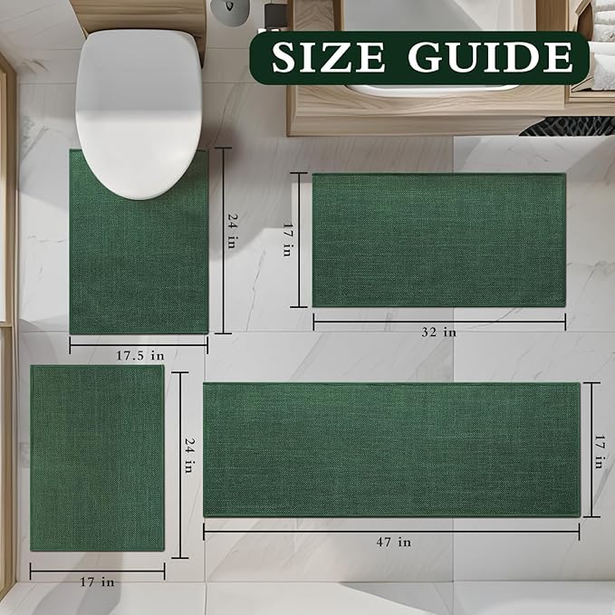YIHOUSE Green Bathroom Rugs Set 4 Piece, Absorbent Non Slip Washable, Quick Dry, Thin Bath Mat for Toilet and Floor