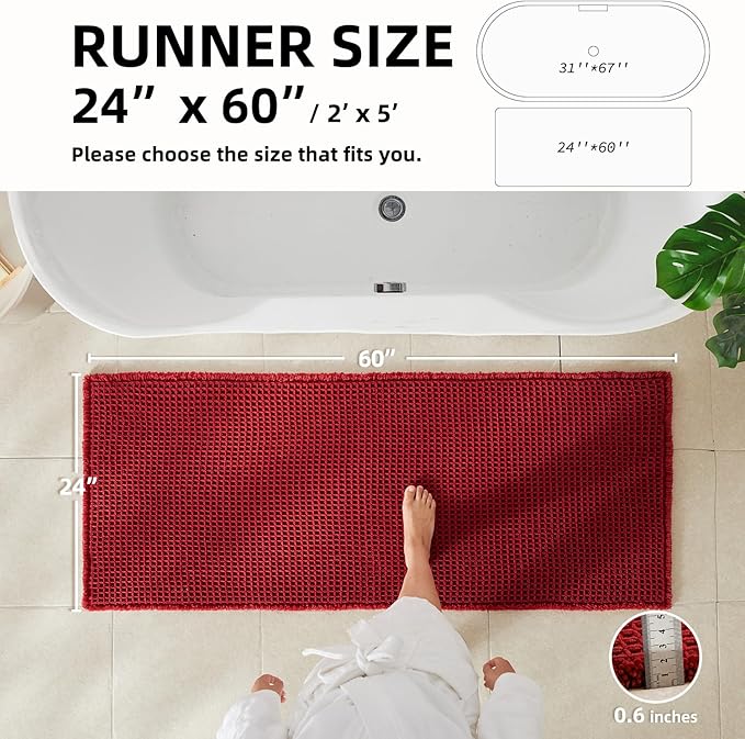 Waffle Runner Rug Bathroom, Long Boho Bathroom Rugs Non Slip Washable Super Absorbent Quick Dry Farmhouse Bath Decor, 60"x24" Burgundy