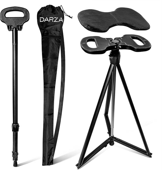 Darza Adjustable Cane with Seat - Walking Stick with Seat, Cane Stool, Lightweight Aluminum and Ergonomic Design, Includes Removable Cushion and Carry Bag with Pocket Storage