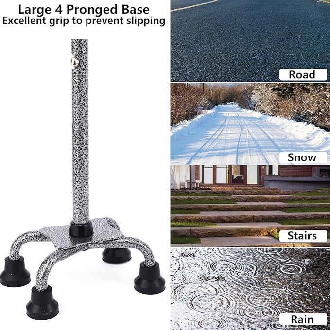 Walking Cane for Women & Men, Adjustable Quad Cane with 4-Prong Base for Stability and Balance, Folding Aluminum Walking Stick for Seniors