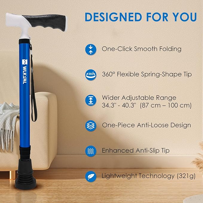 One-Button Telescopic Folding Walking Cane (Anchor Series) – Like an Umbrella | Compact, Lightweight & Travel-Friendly Folding Cane, Adjustable, All-Terrain Tips, Elegant Muted Tones