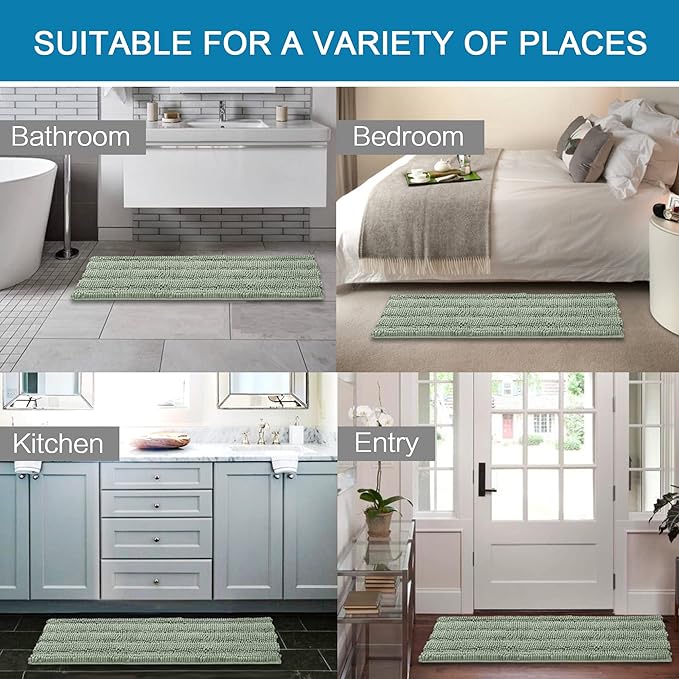 H.VERSAILTEX Bathroom Rugs Bath Rug Set 2 Piece Bathroom Contour Rug Toilet Mat Sets Non Slip Contour Bath Rug Ultra Thick Water Absorbent Striped Bath Mats Washable(47" x 17" Plus 20" x 20" U, Sage)