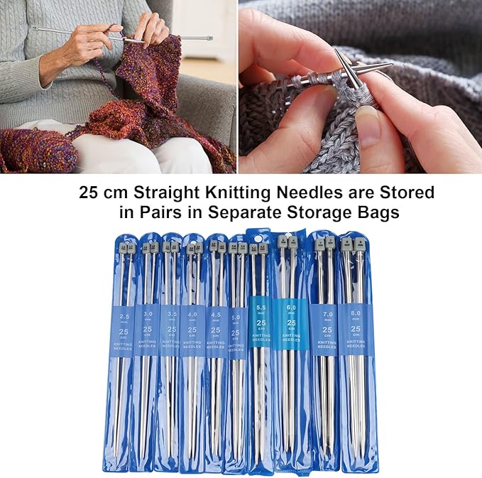 Aeelike 11 Pairs Knitting Needles Set - Stainless Steel Knitting Needles Single Point with Roll Bag - Portable Metal Knittings Needle Set for Beginners Size 2mm to 8mm