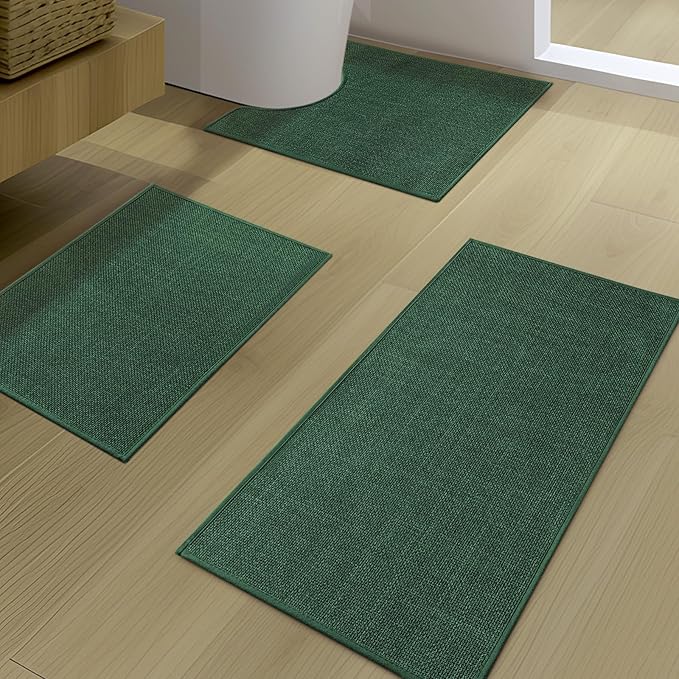 YIHOUSE Green Bathroom Rug Set 3 Piece, Absorbent Bath Mat for Bathroom Non Slip Washable, Quick Dry, Thin Bath Rug for Toilet and Floor