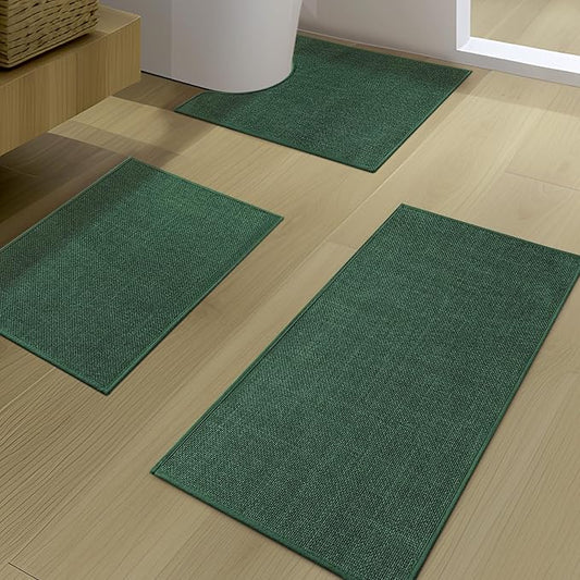 YIHOUSE Green Bathroom Rug Set 3 Piece, Absorbent Bath Mat for Bathroom Non Slip Washable, Quick Dry, Thin Bath Rug for Toilet and Floor